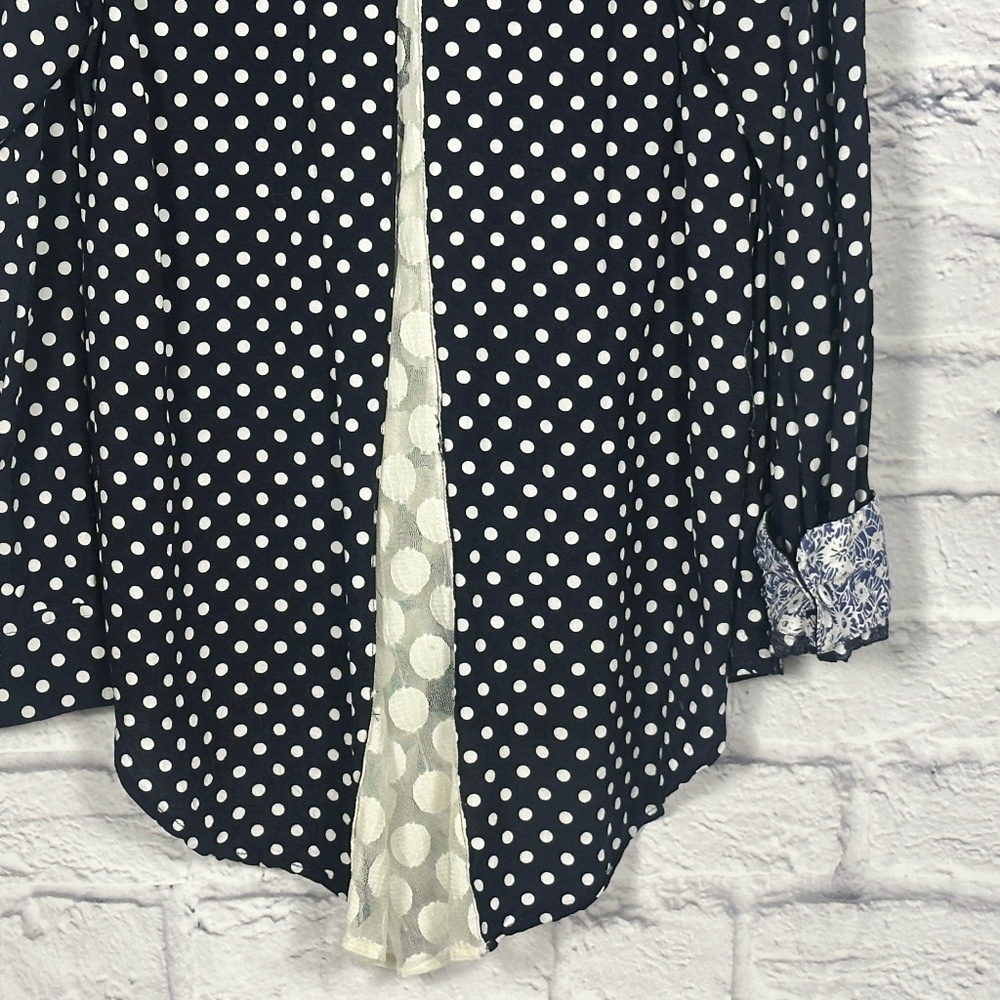 Navy Polka Dot Blouse with Sheer‎ Back Inset - Picture 3 of 10